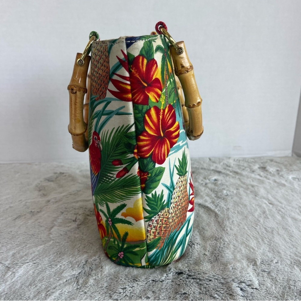 Vintage Tidy Tropical Print Tote Bag with Bamboo Handles Made In The USA - Picture 5 of 16
